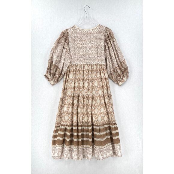 DAUGHTERS OF INDIA Jasmine Midi Dress Women Small White Brown Block Print Cotton - Picture 6 of 16